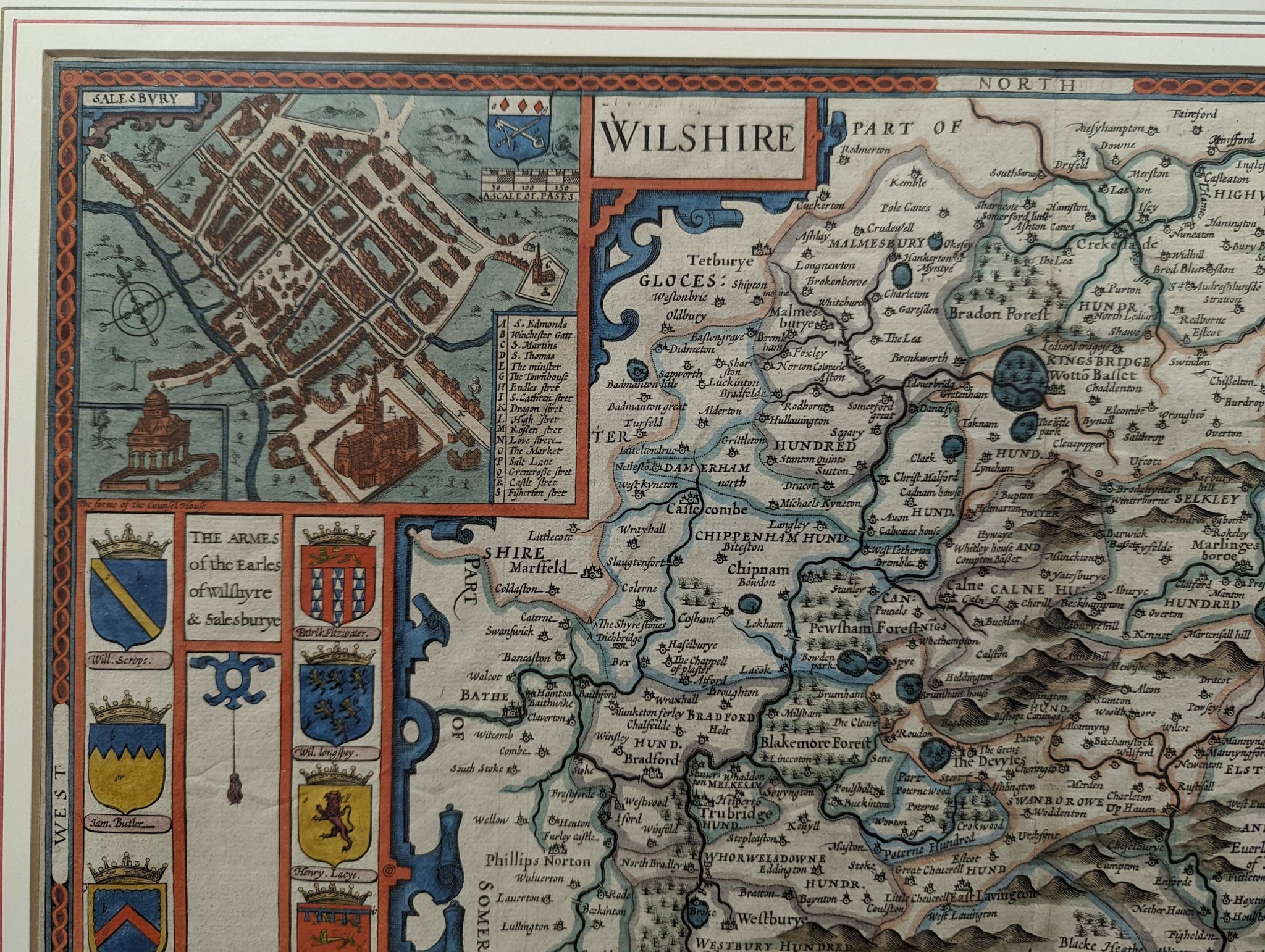 John Speed, coloured engraving, Map of Wilshire 1676, in English verso, 38 x 51cm